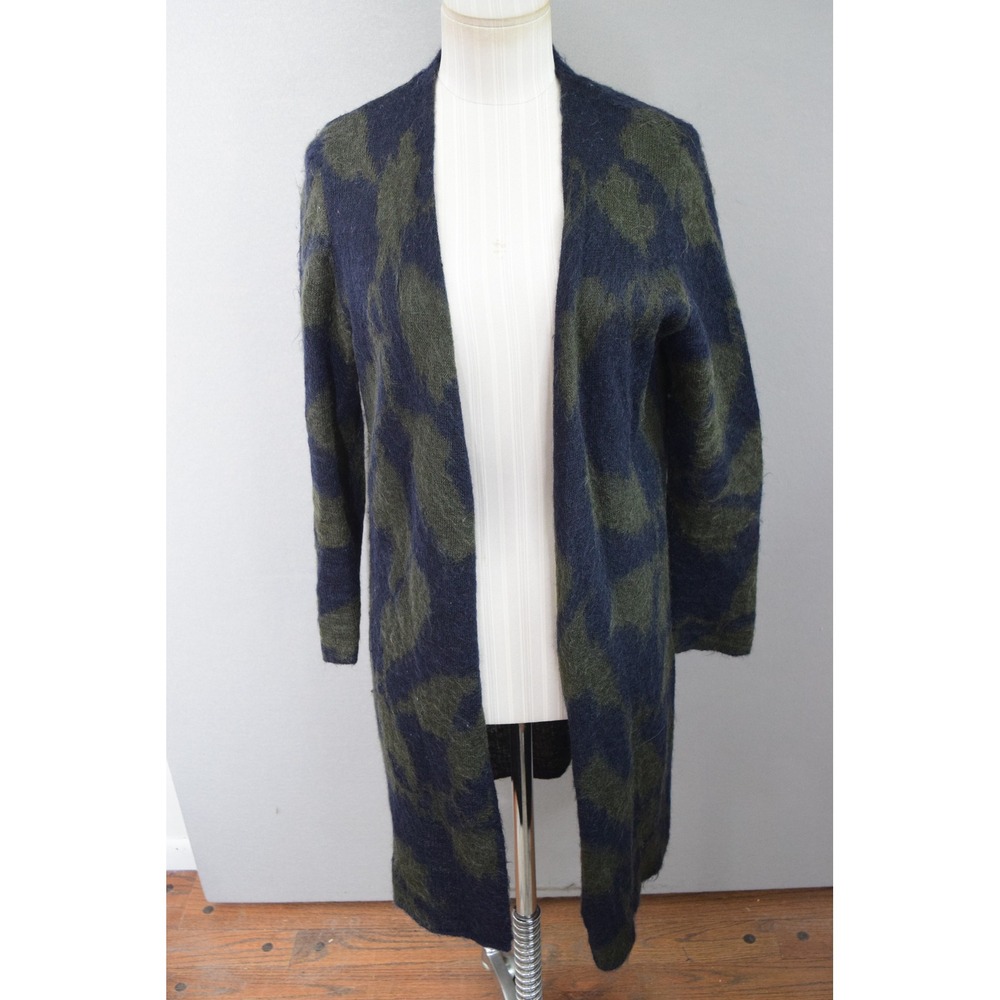 COS Cardigan XS Navy Green Mohair Wool Abstract Camo Longline Duster Womens